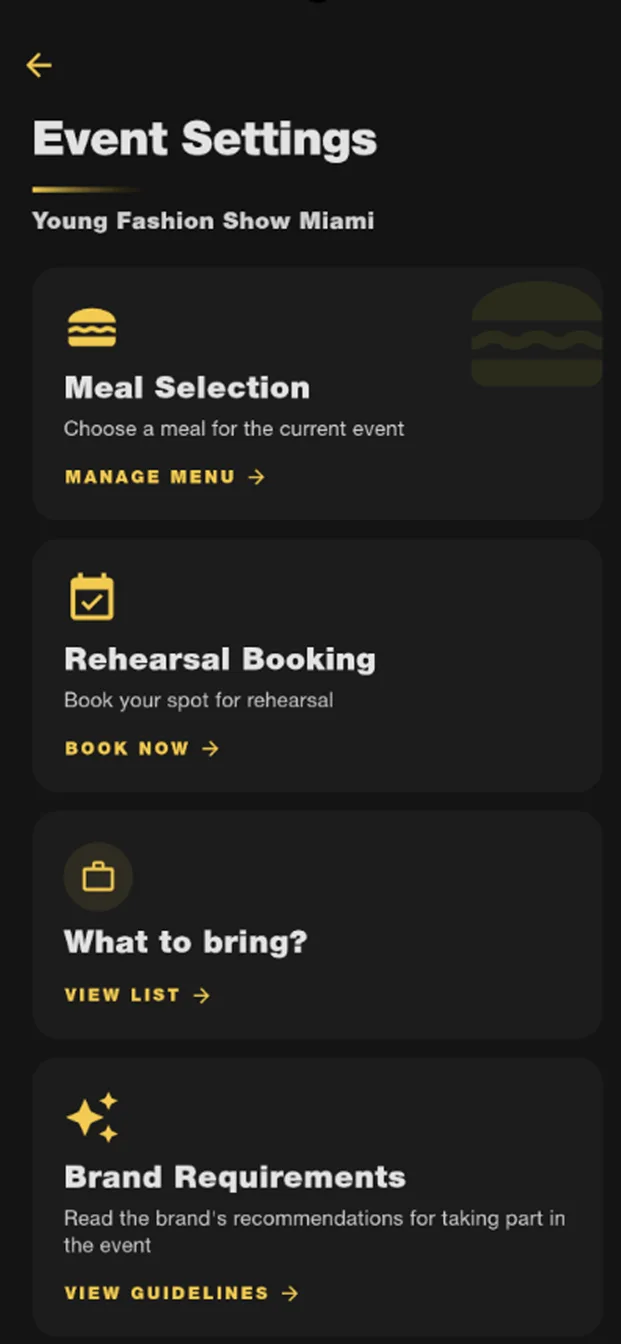 Event settings in the YFS app: rehearsal booking, what to bring, brand requirements and meal selection