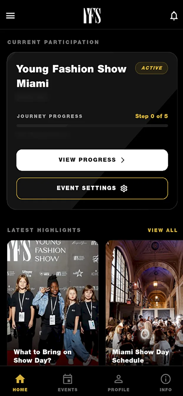 The YFS app home screen: current participation with journey progress, and highlights such as the show-day schedule